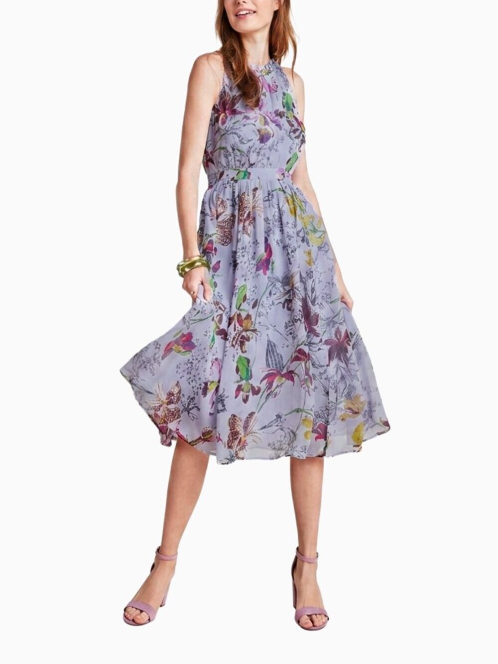 Anthropologie Hermia Floral Midi Dress 8 Lavender Halter Neck Fit Flare Boho Lux